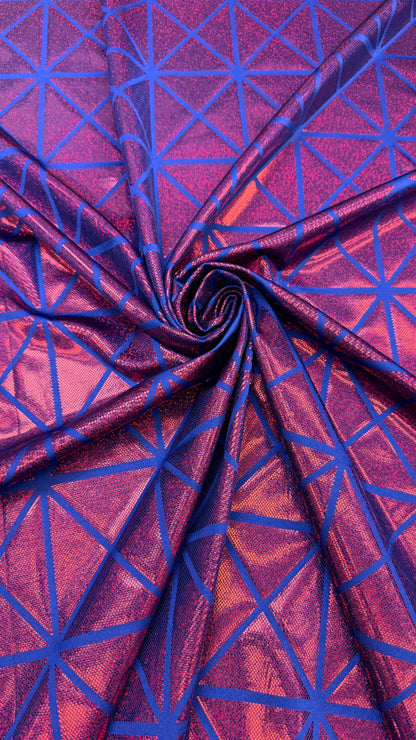 Geometric desing hologram metallic nylon spandex 4-way stretch 58/60" sold by the yd. Ships worldwide from Los Angeles California USA