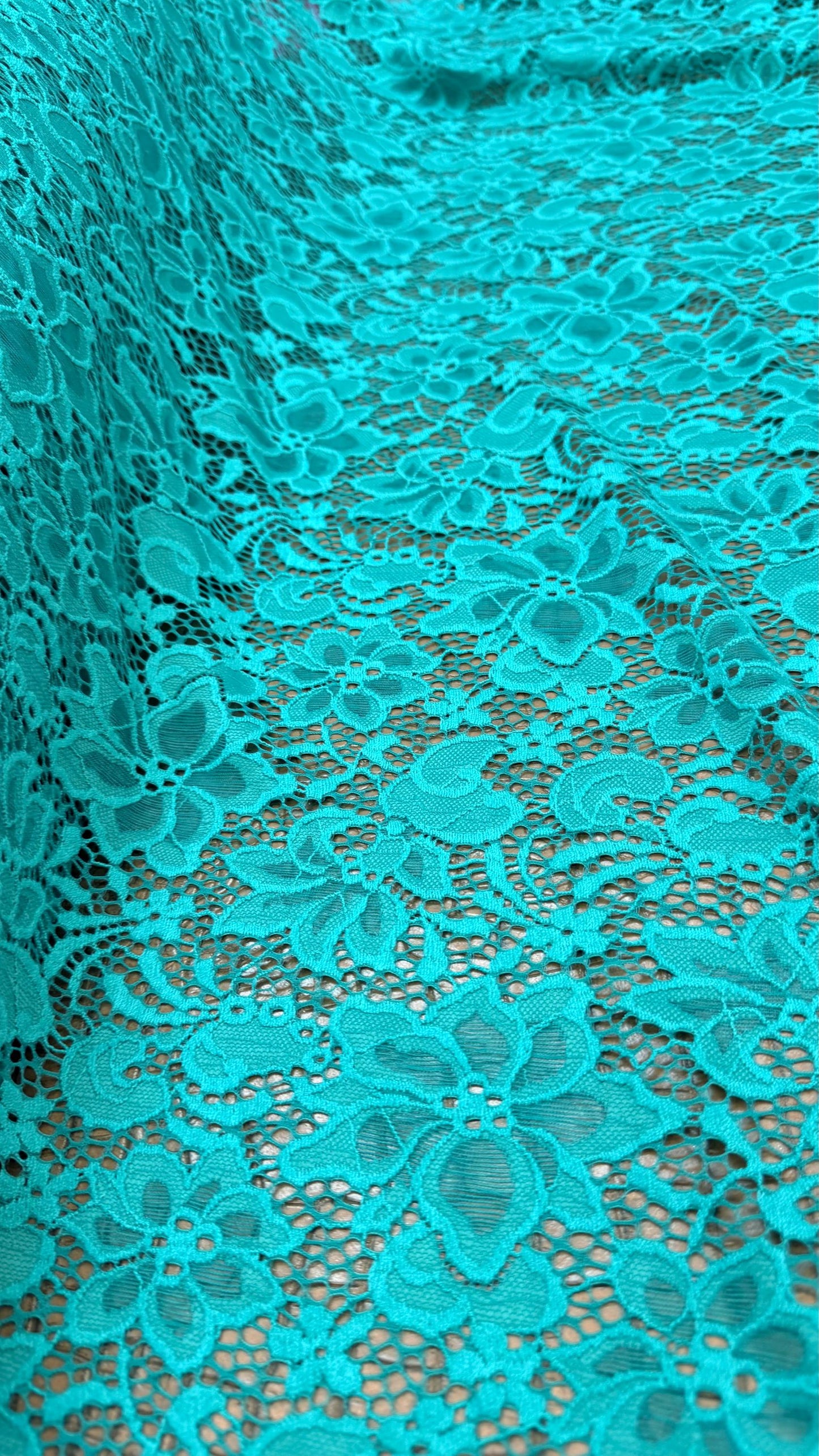Stretch Lace Victora flower design NEW LACE Jade green  4way stretch 58/60" sold by the yd. Ships worldwide from Los Angeles California USA.