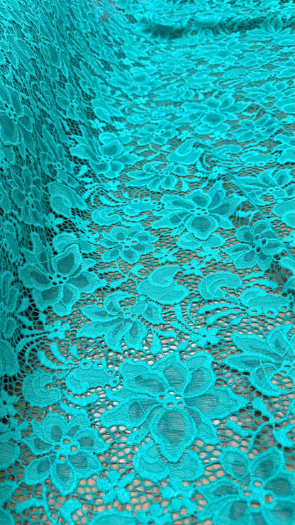 Stretch Lace Victora flower design NEW LACE Jade green  4way stretch 58/60" sold by the yd. Ships worldwide from Los Angeles California USA.
