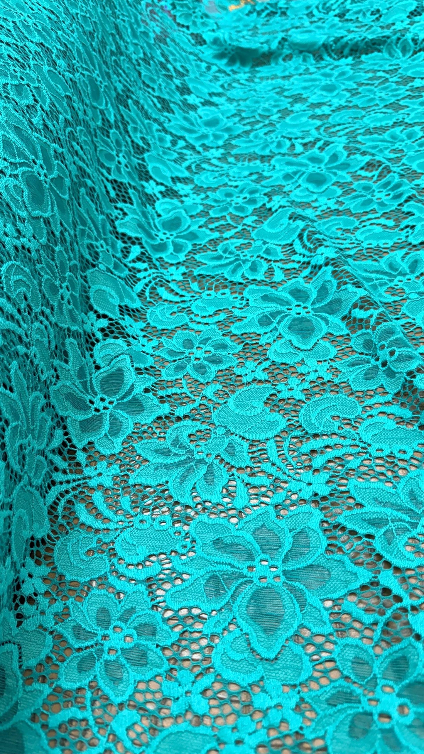 Stretch Lace Victora flower design NEW LACE Jade green  4way stretch 58/60" sold by the yd. Ships worldwide from Los Angeles California USA.