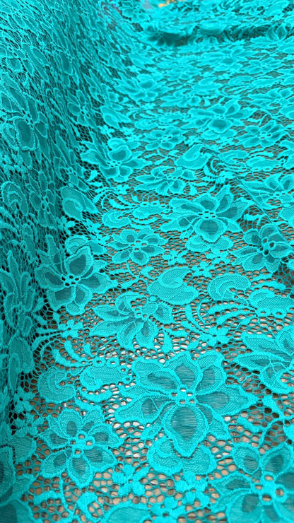 Stretch Lace Victora flower design NEW LACE Jade green  4way stretch 58/60" sold by the yd. Ships worldwide from Los Angeles California USA.