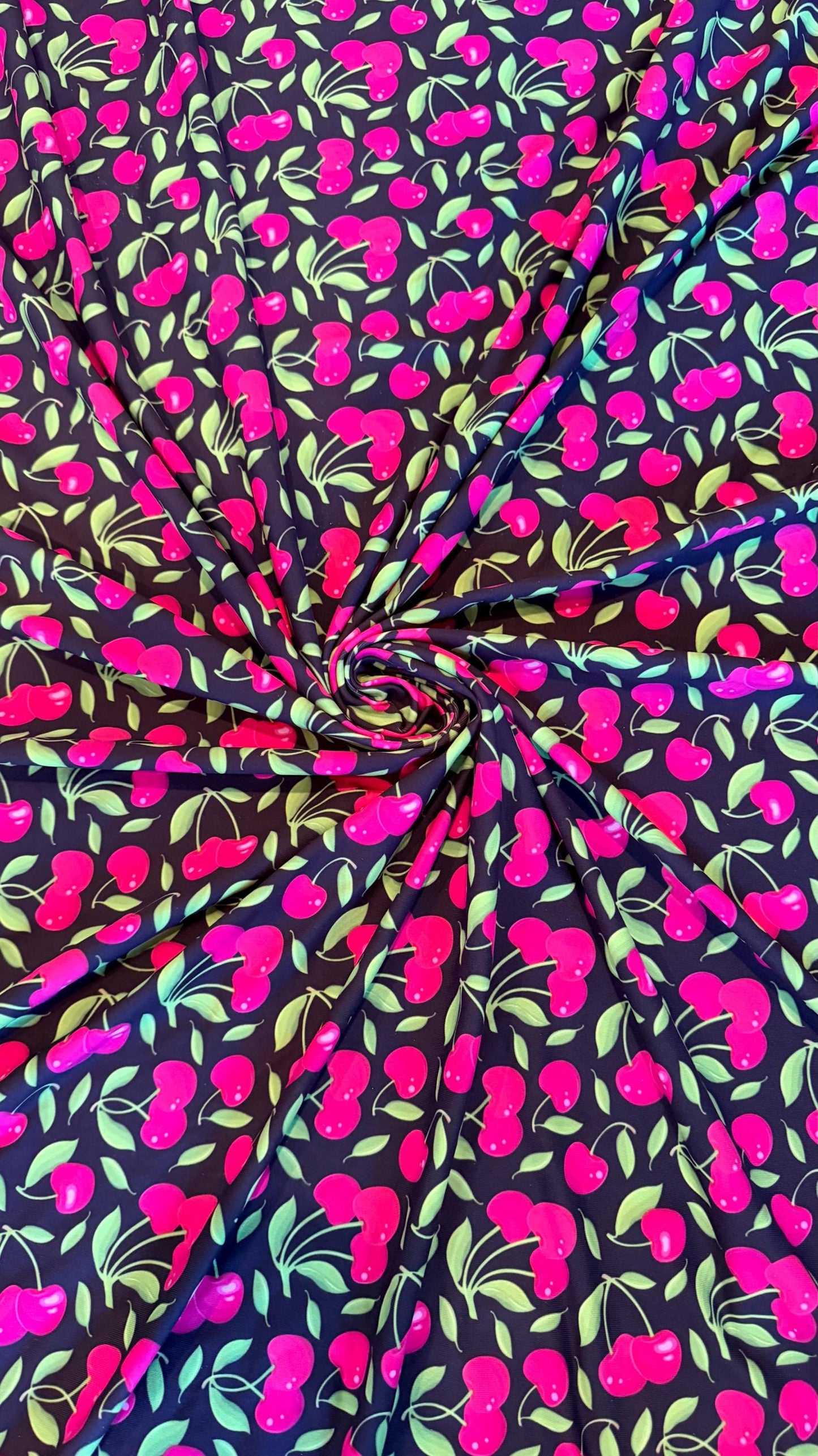 New cherry design Black/Cranberry nylon spandex fabric 4way stretch 58/60" Sold by the YD. Ships worldwide from Los Ángeles California USA.