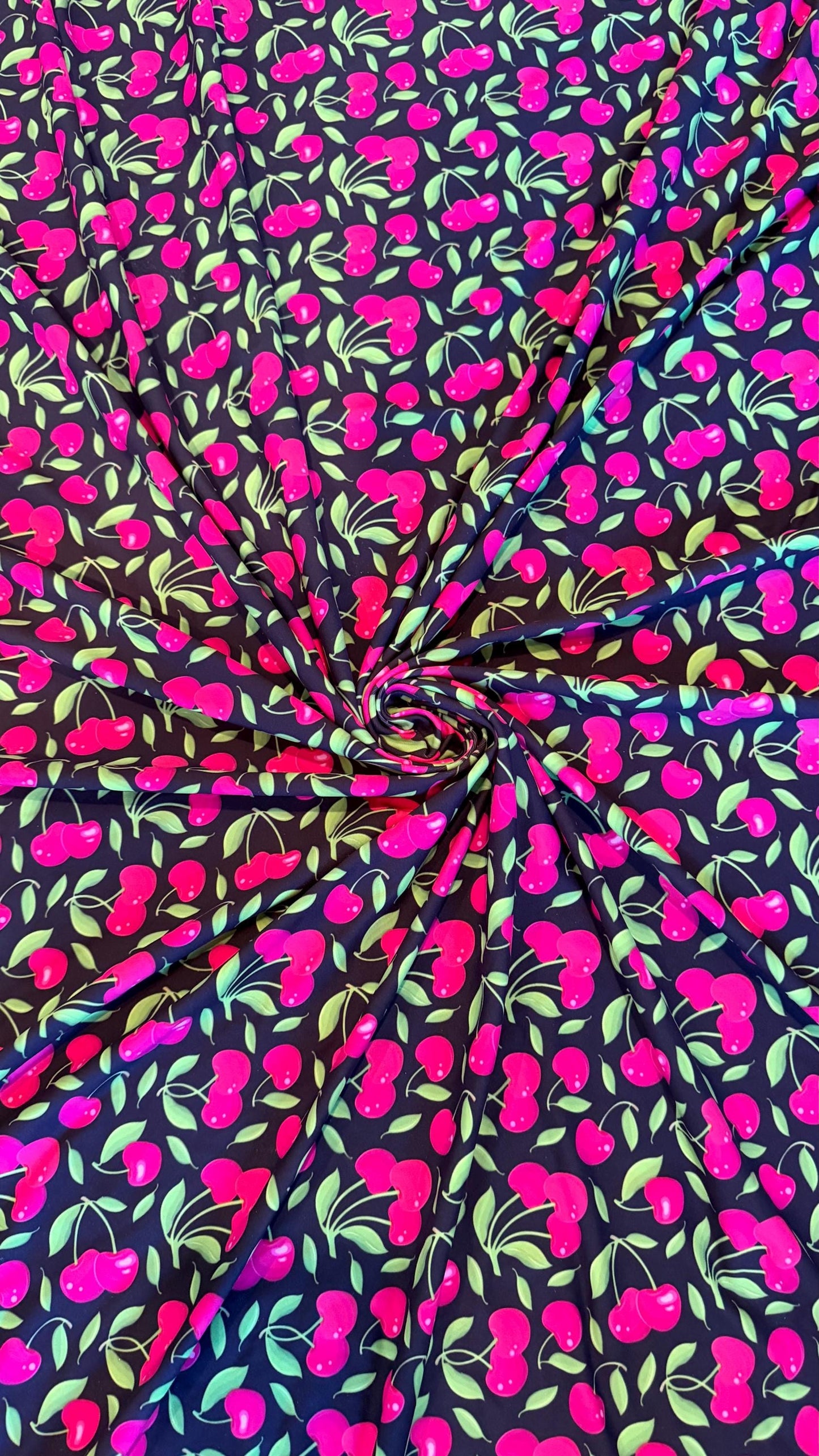 New cherry design Black/Cranberry nylon spandex fabric 4way stretch 58/60" Sold by the YD. Ships worldwide from Los Ángeles California USA.