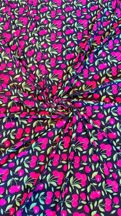 New cherry design Black/Cranberry nylon spandex fabric 4way stretch 58/60" Sold by the YD. Ships worldwide from Los Ángeles California USA.