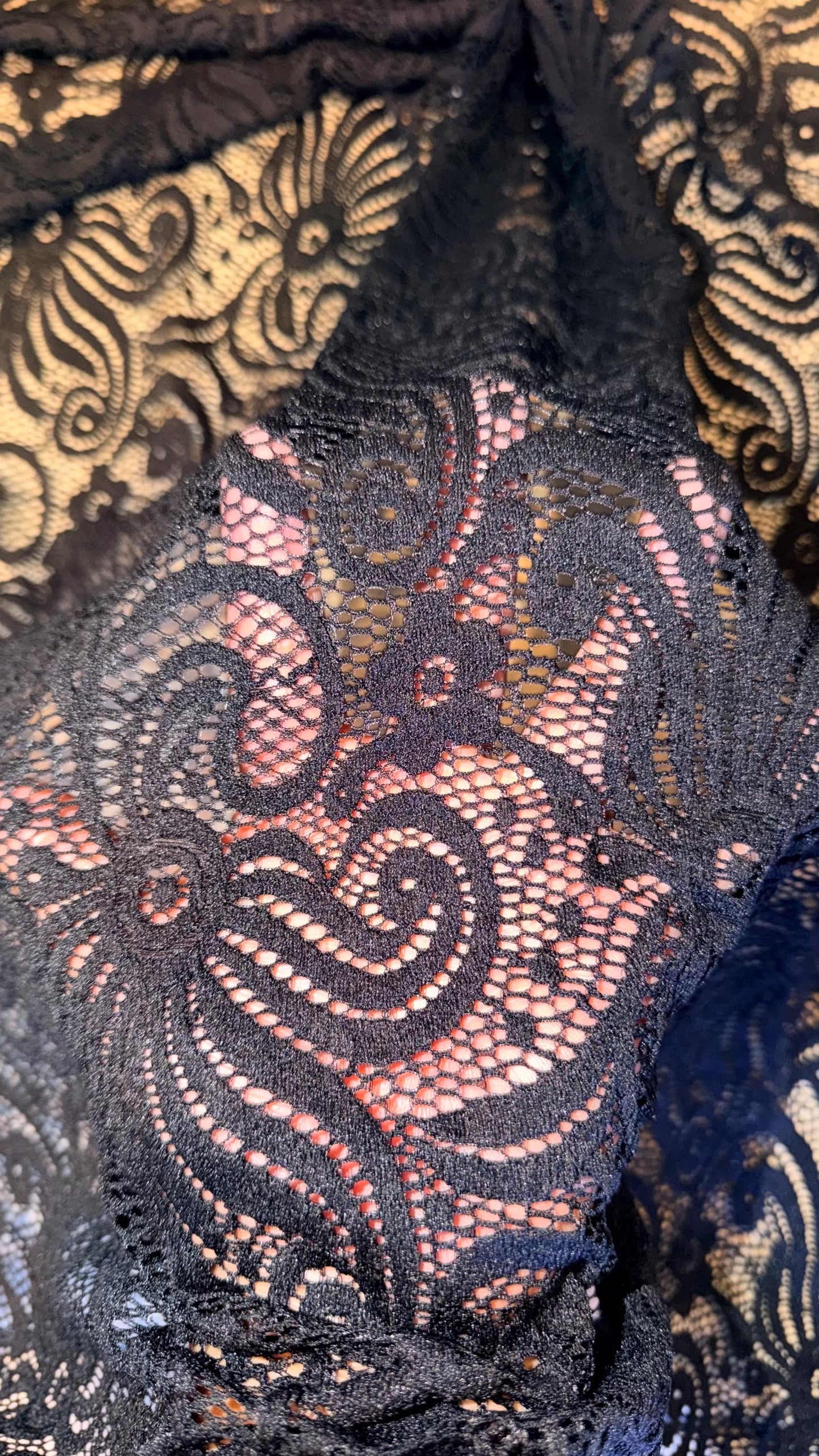 New Swirl abstract design stretch lace black  color 4-way stretch 58/60” Sold by the YD. Ships Worldwide from Los Angeles California USA.