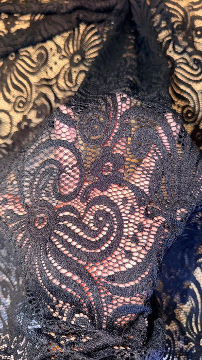 New Swirl abstract design stretch lace black  color 4-way stretch 58/60” Sold by the YD. Ships Worldwide from Los Angeles California USA.