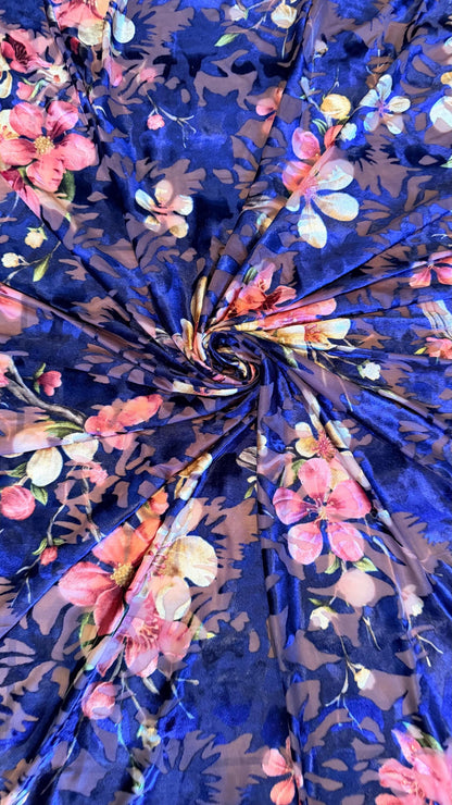 New Luxury burnout silky velvet flower design Navy/pink  4-way stretch 58/60” Sold by the YD. Ships Worldwide from Los Angeles California