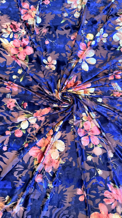 New Luxury burnout silky velvet flower design Navy/pink  4-way stretch 58/60” Sold by the YD. Ships Worldwide from Los Angeles California