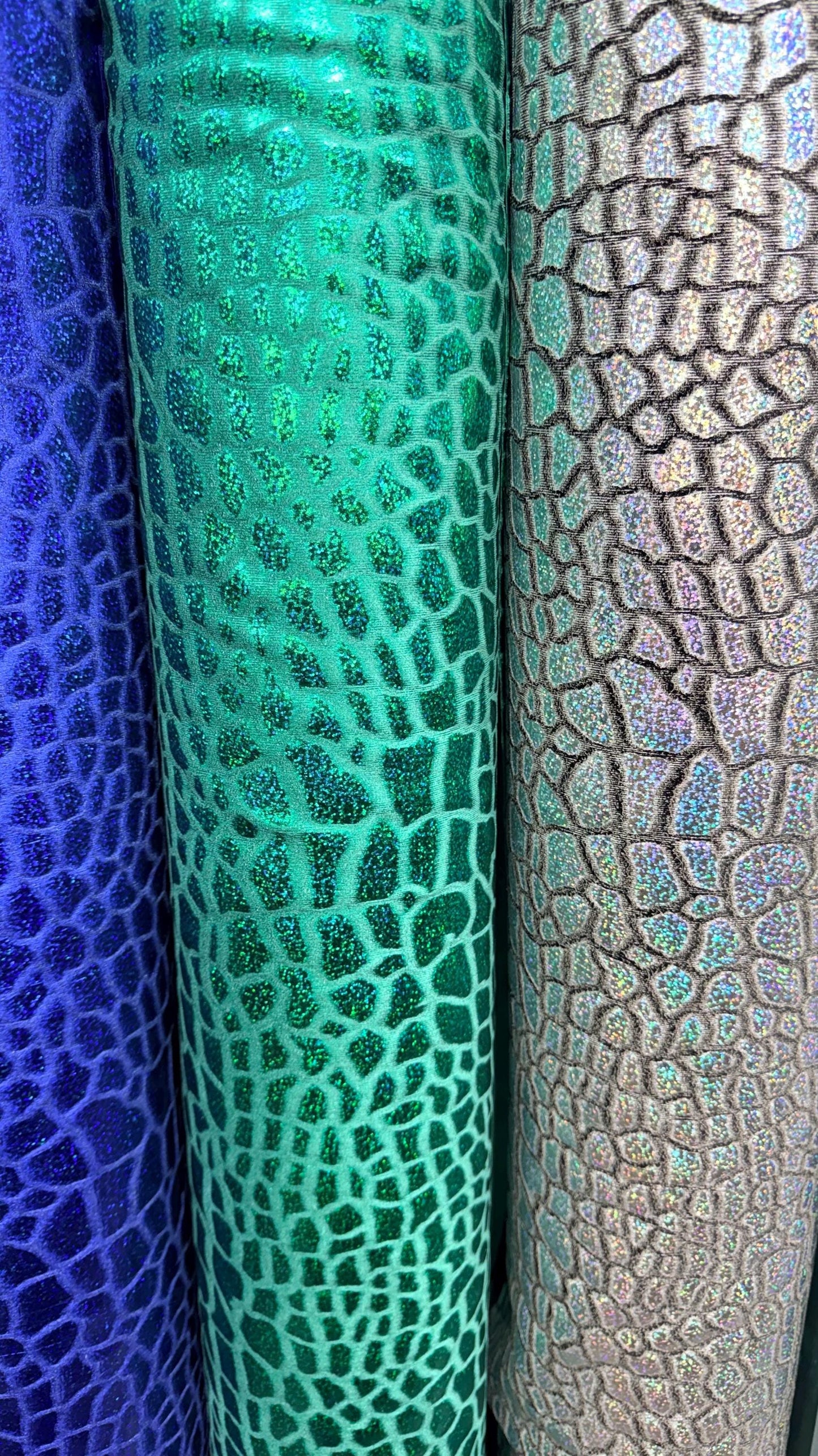 Turtle Exotic design  hologram metallic stretch velvet 2-way stretch 58/60" sold by the yd. ships worldwide from Los Angeles California USA