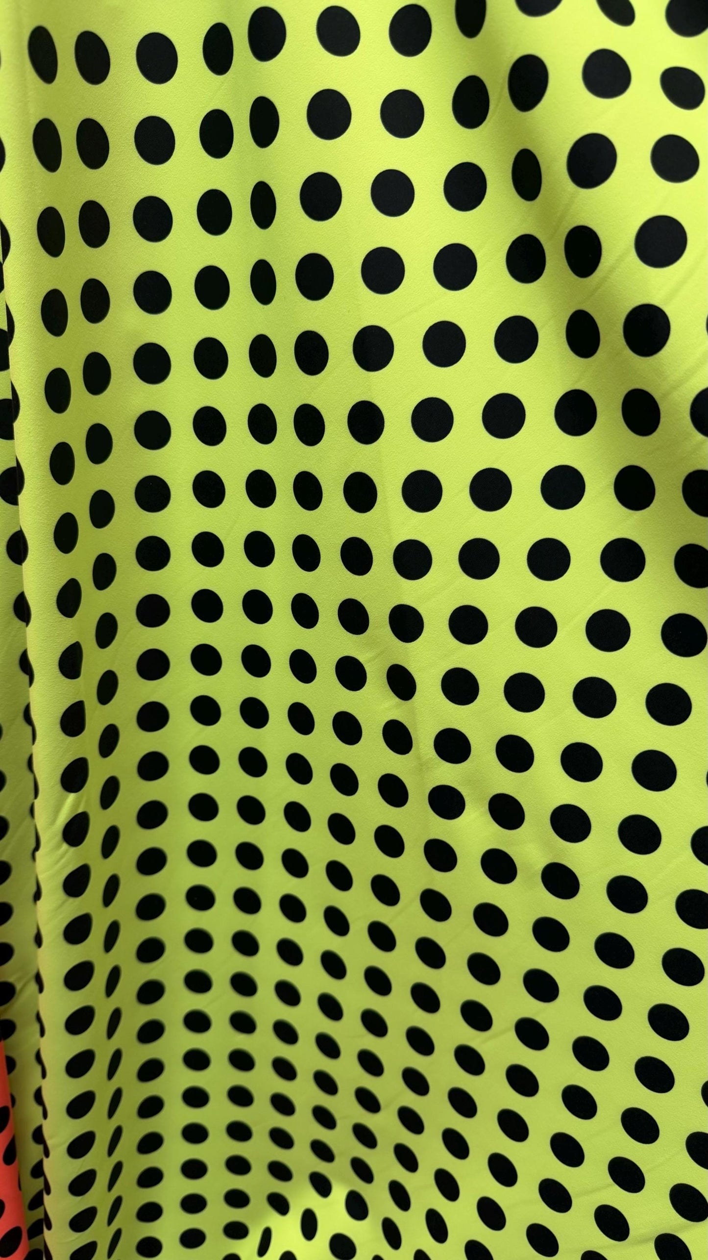 New polka dots design neon colors with black dots nylon spandex 4-way stretch 58/60” Sold by the YD. Ships worldwide from Los Angeles CA