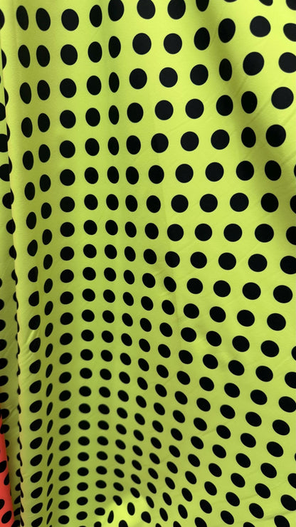 New polka dots design neon colors with black dots nylon spandex 4-way stretch 58/60” Sold by the YD. Ships worldwide from Los Angeles CA