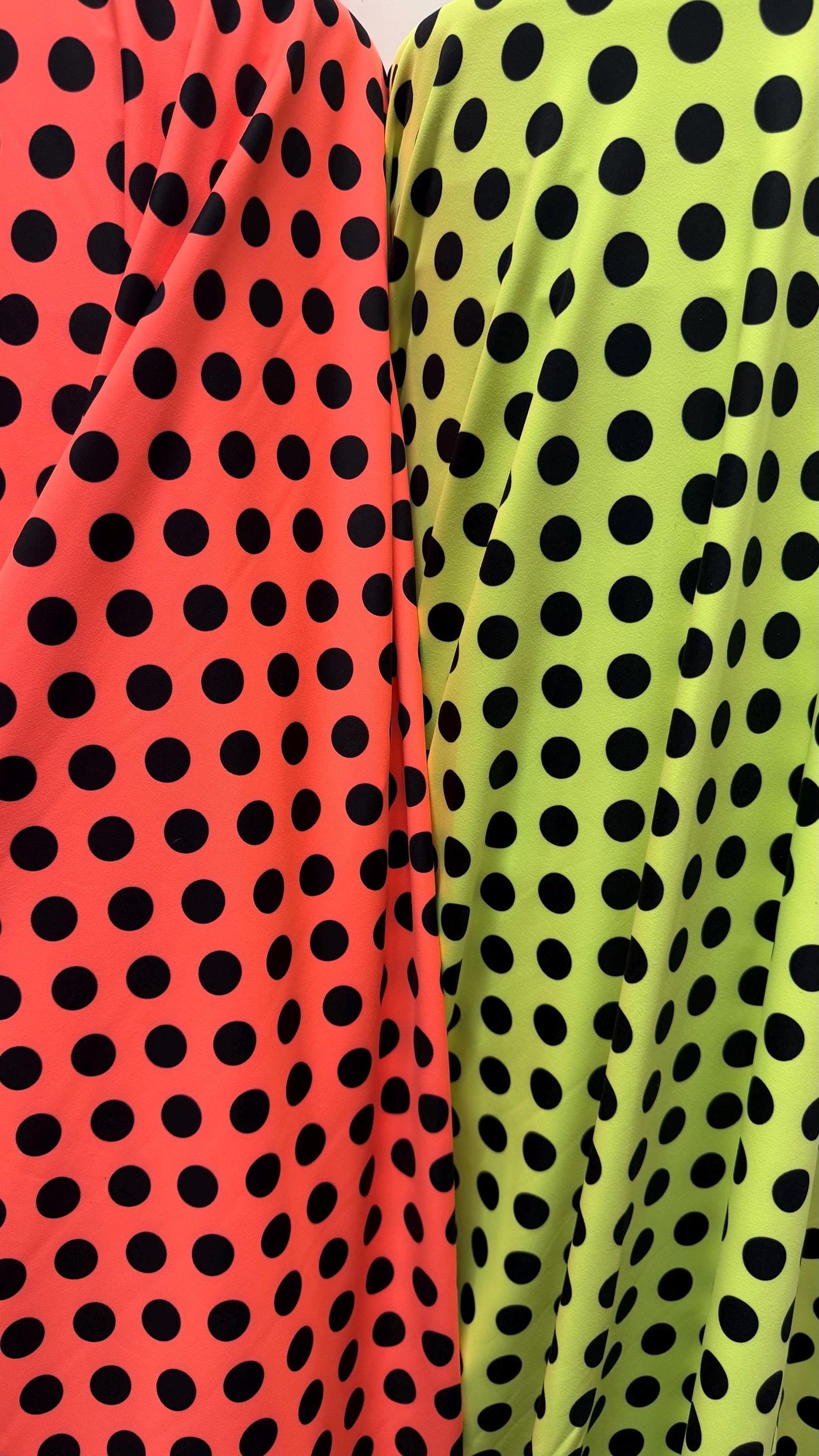 New polka dots design neon colors with black dots nylon spandex 4-way stretch 58/60” Sold by the YD. Ships worldwide from Los Angeles CA