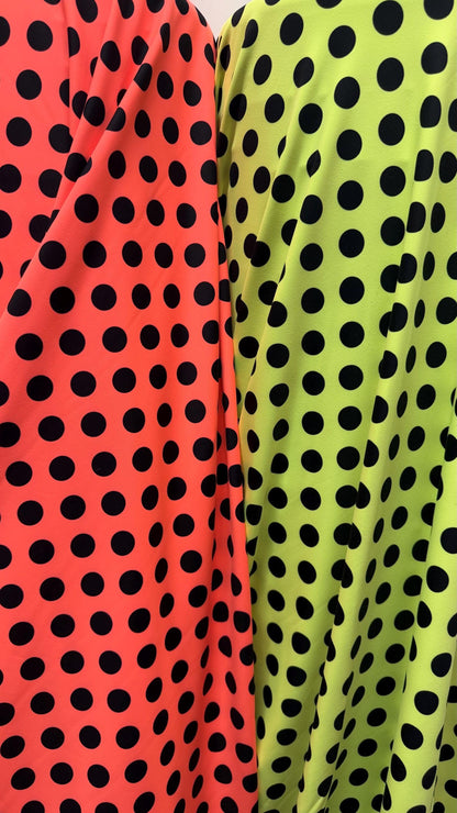 New polka dots design neon colors with black dots nylon spandex 4-way stretch 58/60” Sold by the YD. Ships worldwide from Los Angeles CA