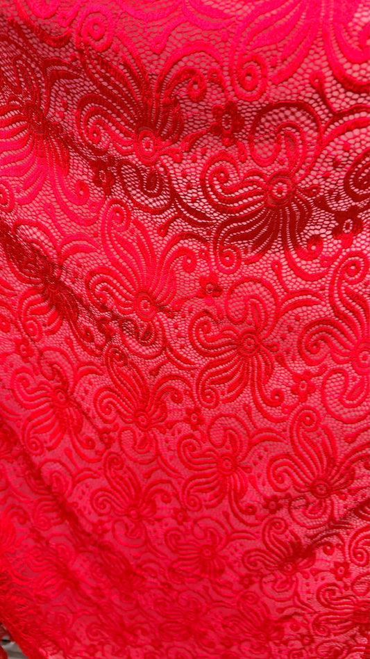 New Lace Swirl design Red Color nylon spandex lace 4way stretch 58/60" Sold by the YD. Ships worldwide from Los Angeles California USA.
