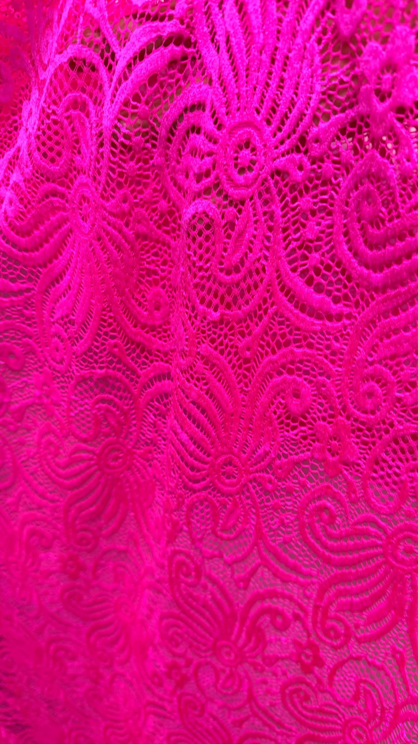 New Lace Swirl design Hot Pink Color nylon spandex lace 4way stretch 58/60" Sold by the YD. Ships worldwide from Los Angeles California USA.