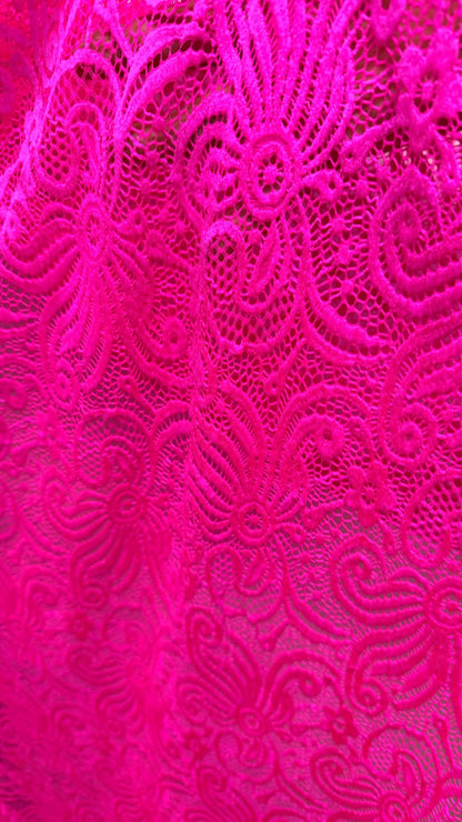 New Lace Swirl design Hot Pink Color nylon spandex lace 4way stretch 58/60" Sold by the YD. Ships worldwide from Los Angeles California USA.