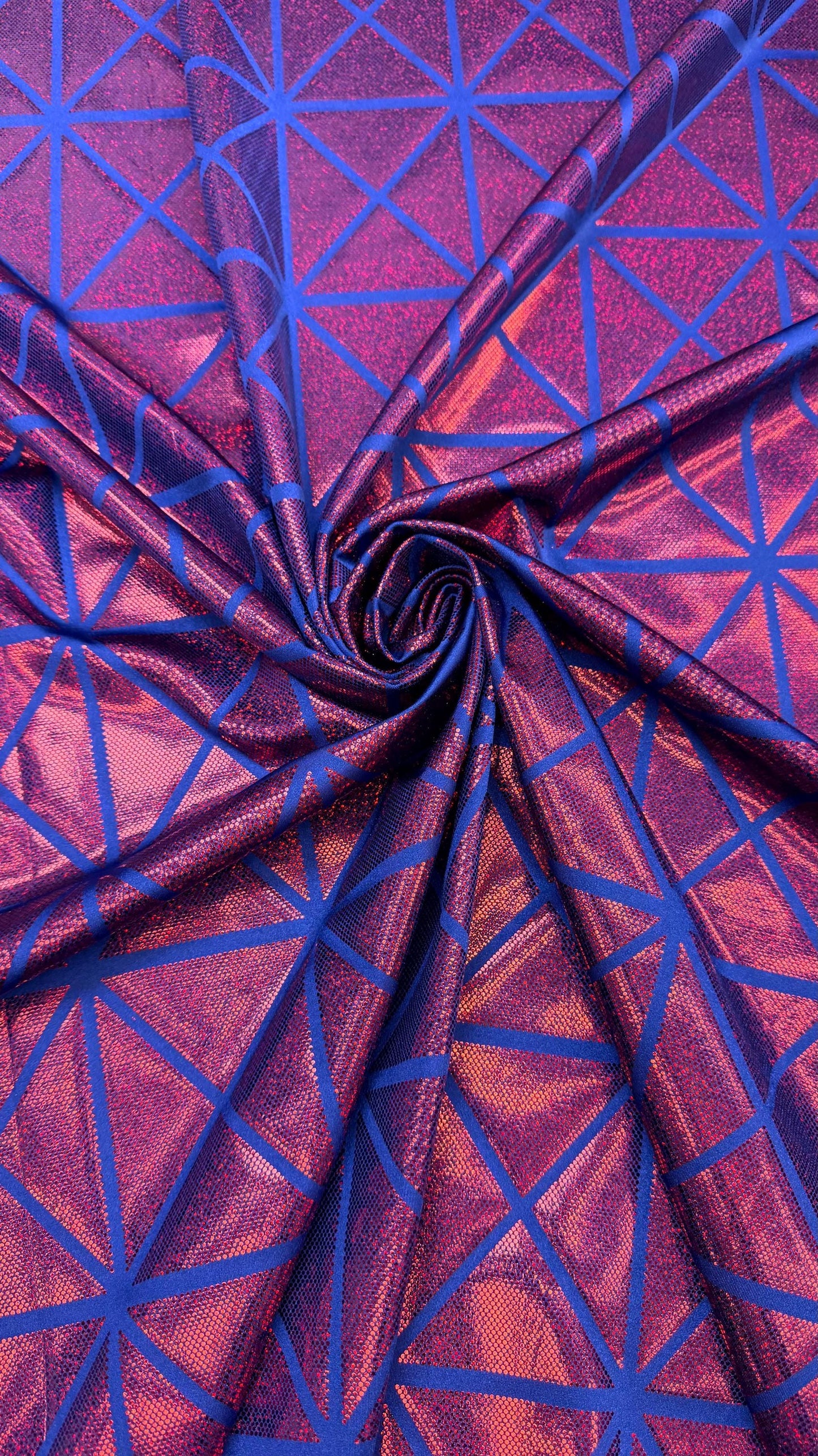 Geometric desing hologram metallic nylon spandex 4-way stretch 58/60" sold by the yd. Ships worldwide from Los Angeles California USA