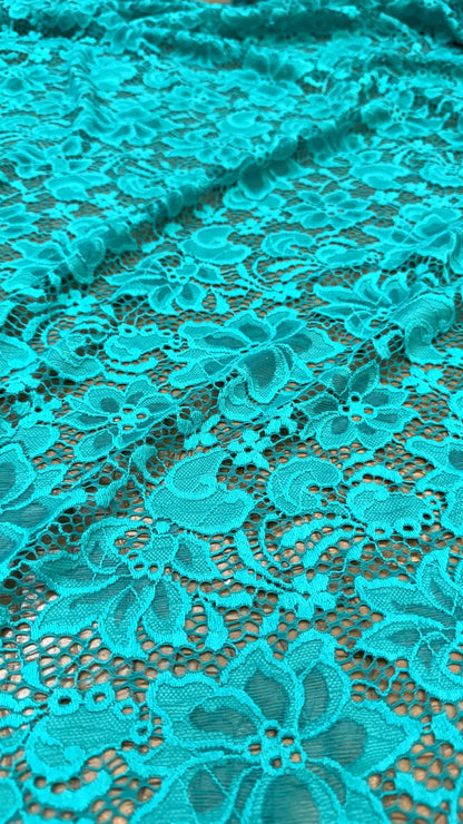 Stretch Lace Victora flower design NEW LACE Jade green  4way stretch 58/60" sold by the yd. Ships worldwide from Los Angeles California USA.