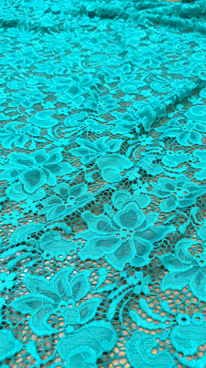 Stretch Lace Victora flower design NEW LACE Jade green  4way stretch 58/60" sold by the yd. Ships worldwide from Los Angeles California USA.
