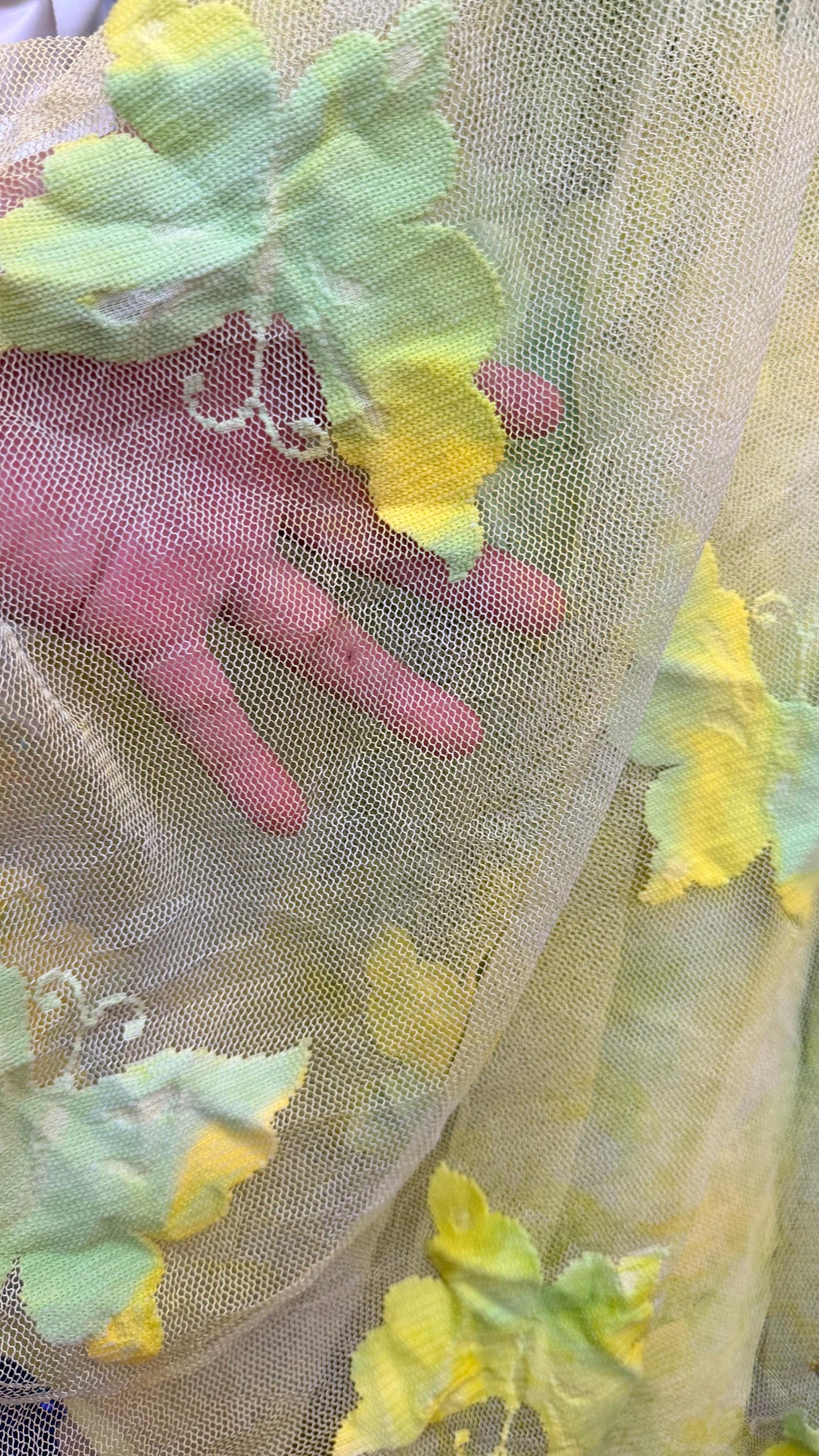 Butterfly design Green/Yellow on stretch mesh 2-way stretch 54/55" Sold by the yd. Ships worldwide from Los Angeles California USA