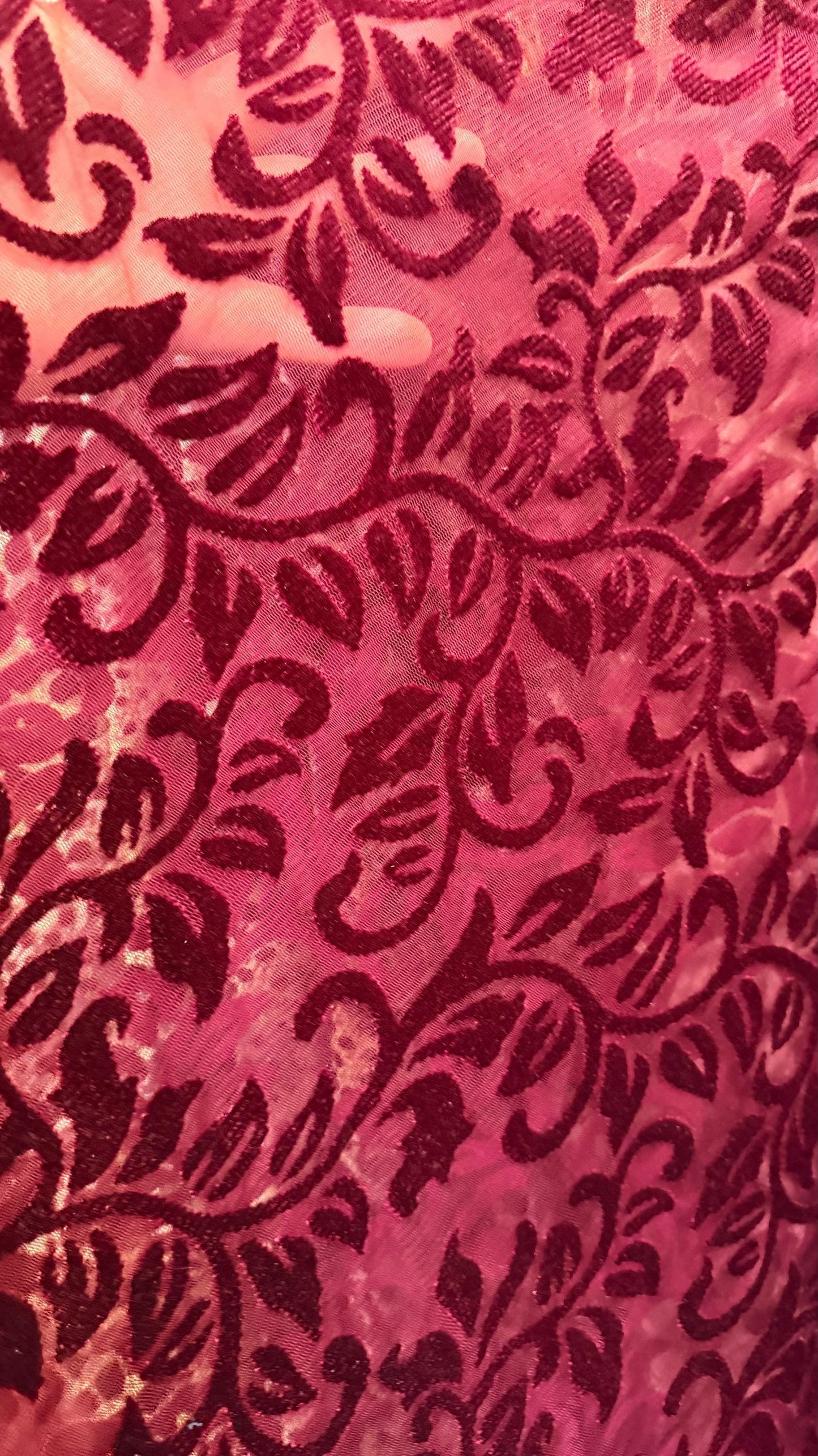 New Italian Burnout velvet Leaves design merlot color luxury 4-way stretch velvet 58/60” Sold by the YD. Ships worldwide from Los Angeles.