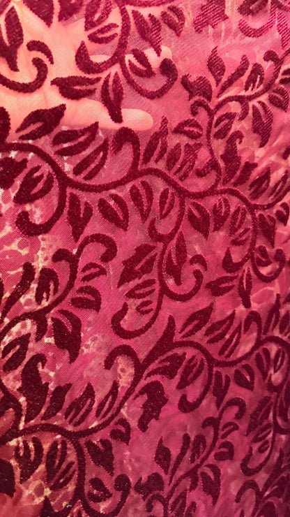 New Italian Burnout velvet Leaves design merlot color luxury 4-way stretch velvet 58/60” Sold by the YD. Ships worldwide from Los Angeles.