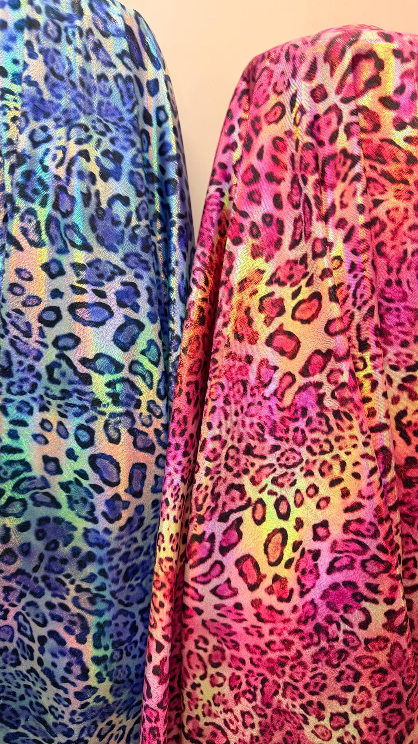 New exotic Iridescent Pug Leopard design hologram nylon spandex 4-way stretch 58/60” Sold by the YD. Ships worldwide from Los Angeles CA