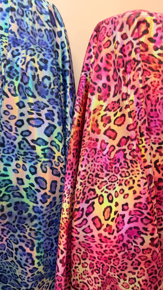 New exotic Iridescent Pug Leopard design hologram nylon spandex 4-way stretch 58/60” Sold by the YD. Ships worldwide from Los Angeles CA
