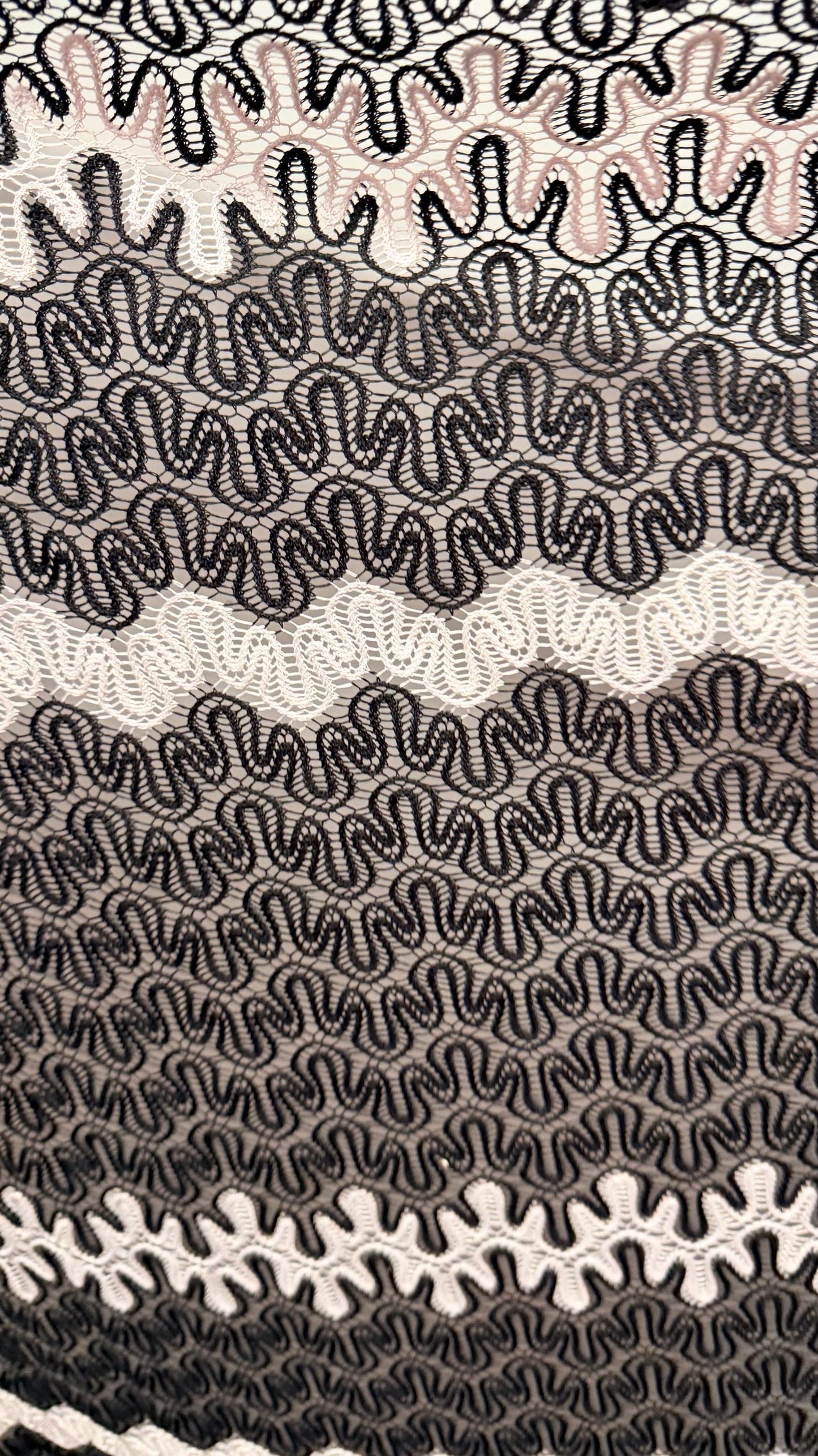 New Lace Crochet design Black/white 4-way stretch 58/60” Sold by the YD. High quality fabrics by AlexLAFabrics