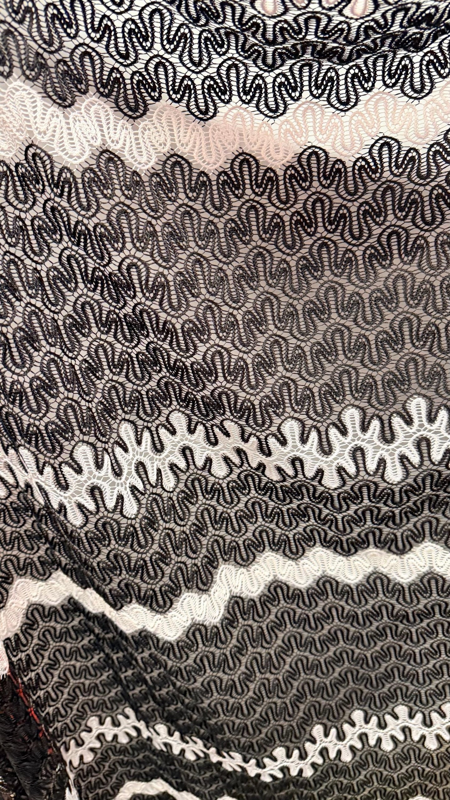 New Lace Crochet design Black/white 4-way stretch 58/60” Sold by the YD. High quality fabrics by AlexLAFabrics