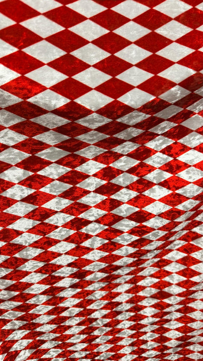 Diamond Harlequin design Red/White print on great quality of Crushed stretch velvet 4-way stretch 58/60” High quality fabrics by AlexLAFabri