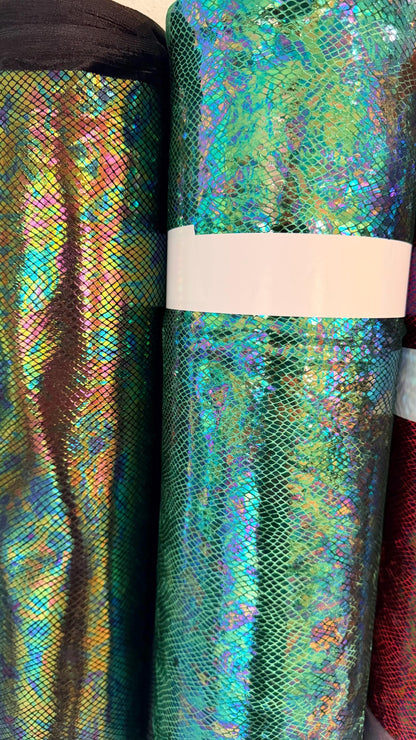 NEW Luxury Iridescent snake skin design diamond metallic foil on heavy stretch velvet 420gsm 4-way stretch 58/60” Sold by the YD.
