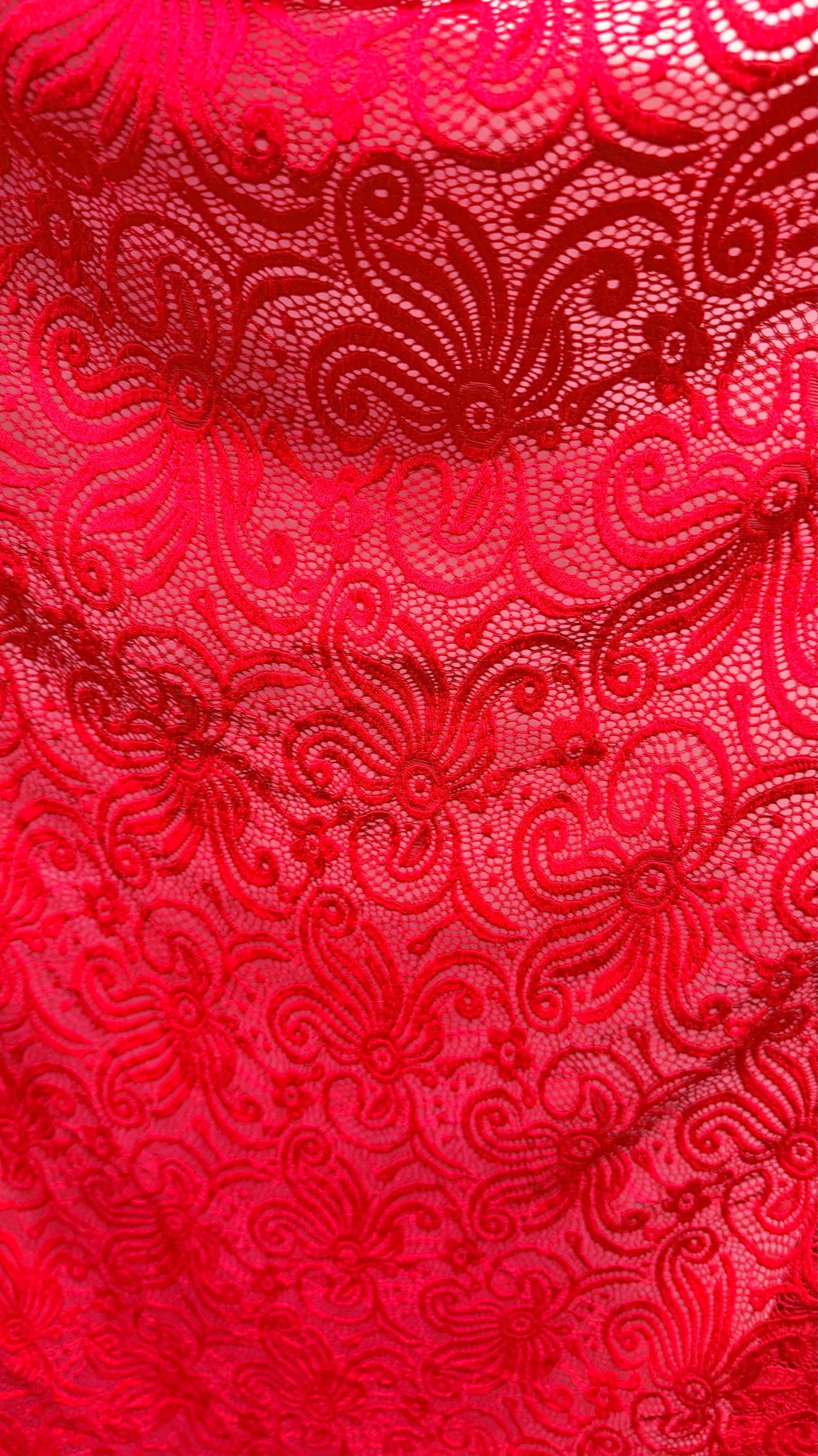 New Lace Swirl design Red Color nylon spandex lace 4way stretch 58/60" Sold by the YD. Ships worldwide from Los Angeles California USA.