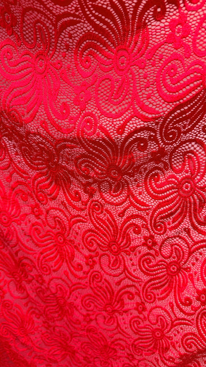 New Lace Swirl design Red Color nylon spandex lace 4way stretch 58/60" Sold by the YD. Ships worldwide from Los Angeles California USA.