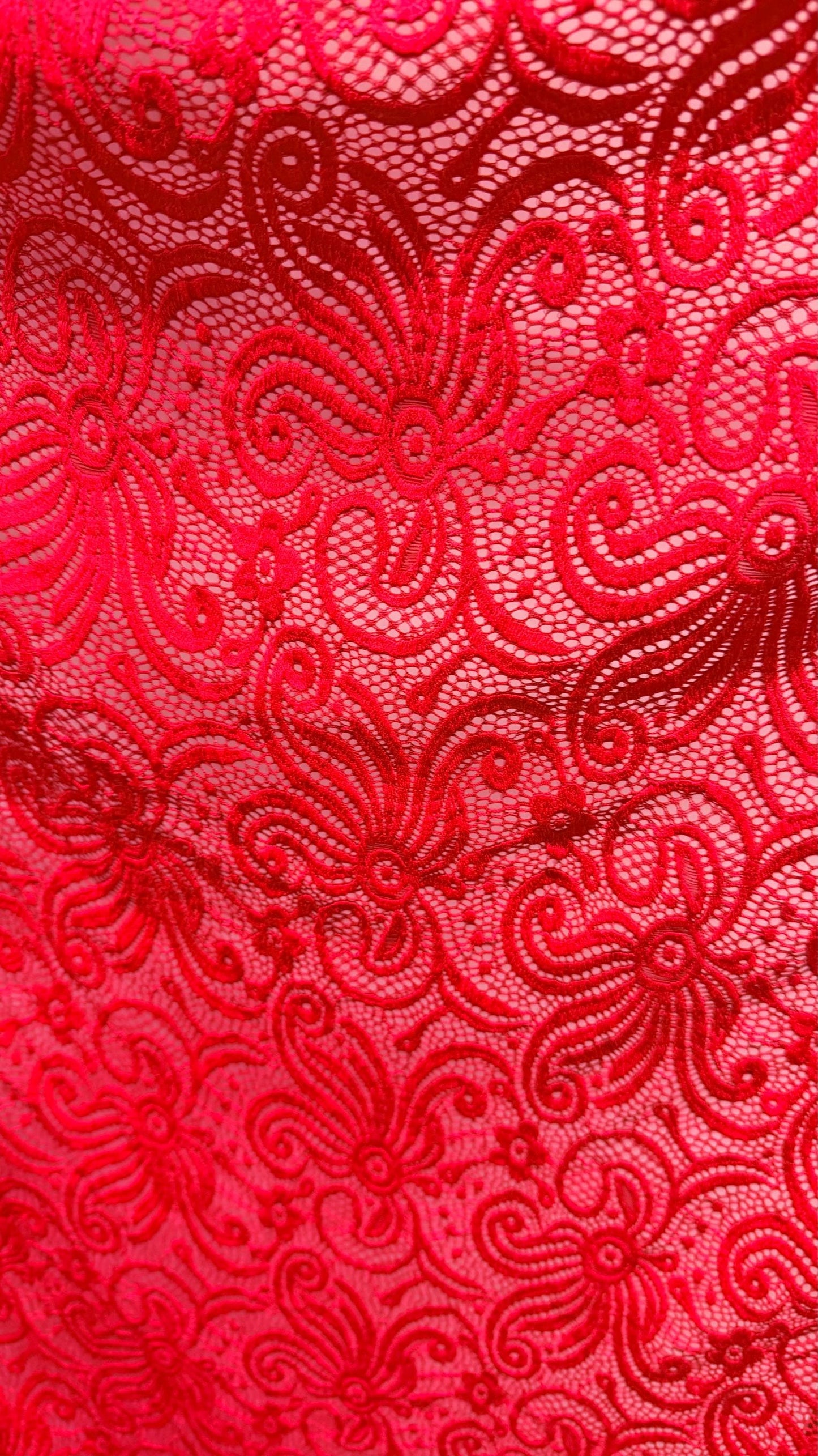 New Lace Swirl design Red Color nylon spandex lace 4way stretch 58/60" Sold by the YD. Ships worldwide from Los Angeles California USA.