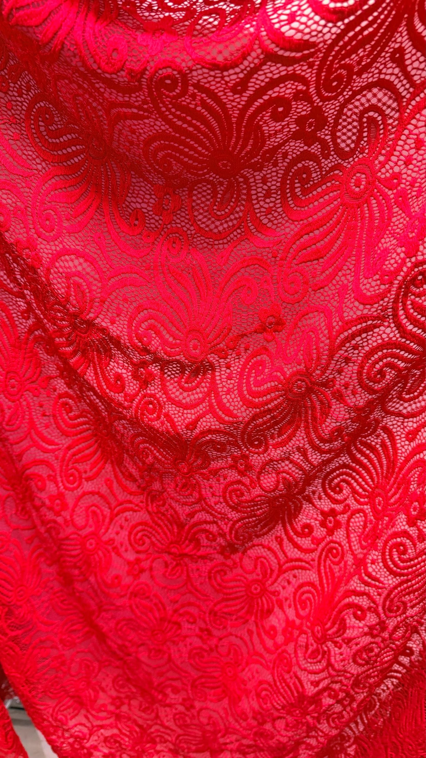 New Lace Swirl design Red Color nylon spandex lace 4way stretch 58/60" Sold by the YD. Ships worldwide from Los Angeles California USA.