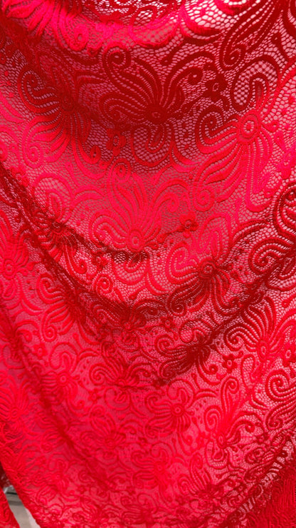 New Lace Swirl design Red Color nylon spandex lace 4way stretch 58/60" Sold by the YD. Ships worldwide from Los Angeles California USA.