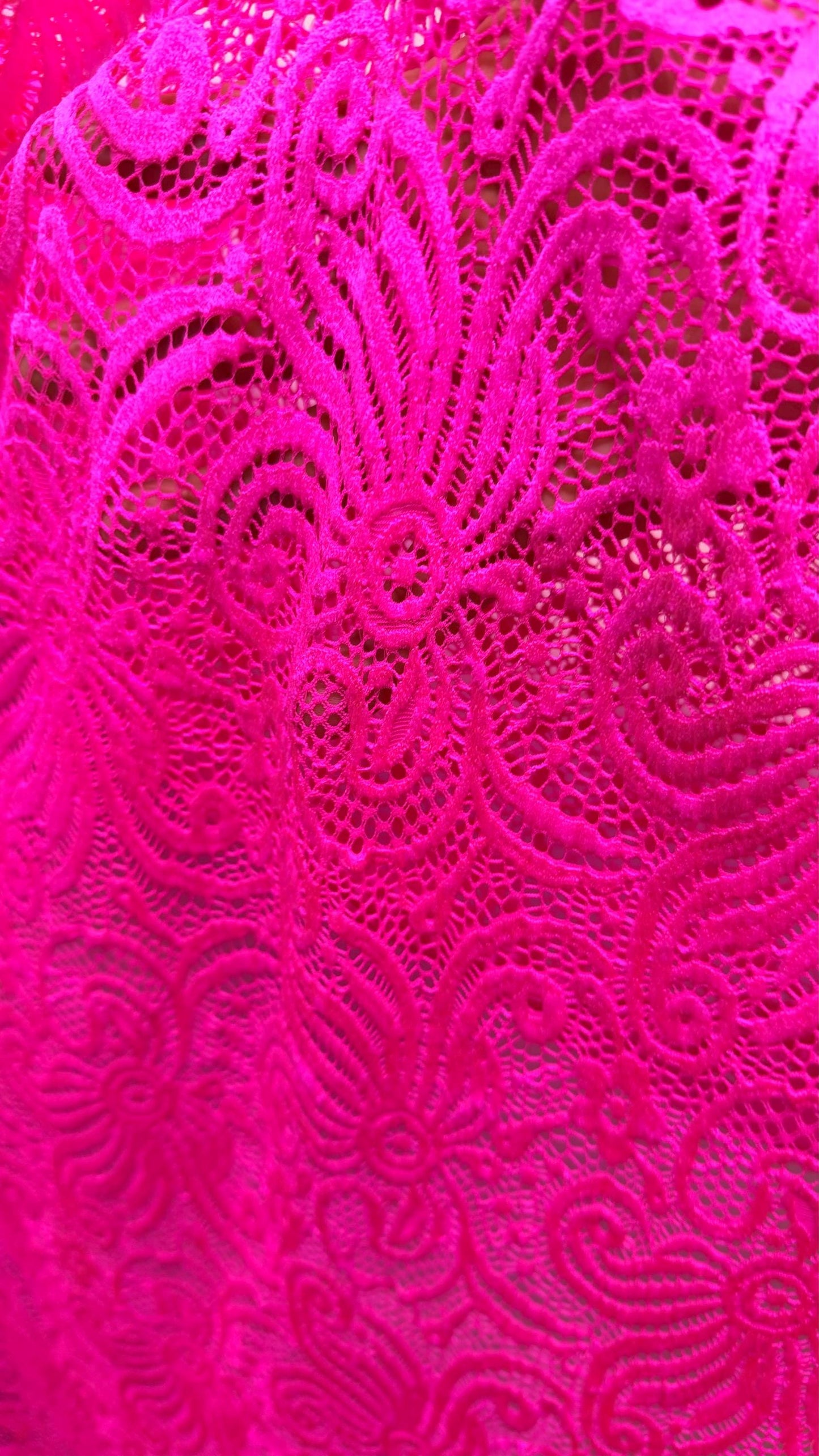 New Lace Swirl design Hot Pink Color nylon spandex lace 4way stretch 58/60" Sold by the YD. Ships worldwide from Los Angeles California USA.