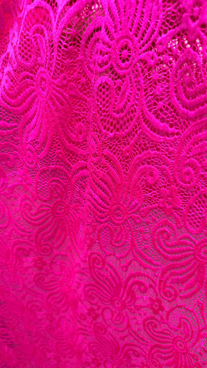 New Lace Swirl design Hot Pink Color nylon spandex lace 4way stretch 58/60" Sold by the YD. Ships worldwide from Los Angeles California USA.