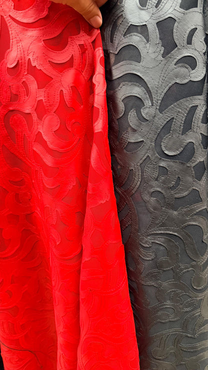 Swirl abstract design leather looking embroidered on stretch mesh 2-way stretch 55/57” Sold by the YD. Ships Worldwide from Los Angeles CA