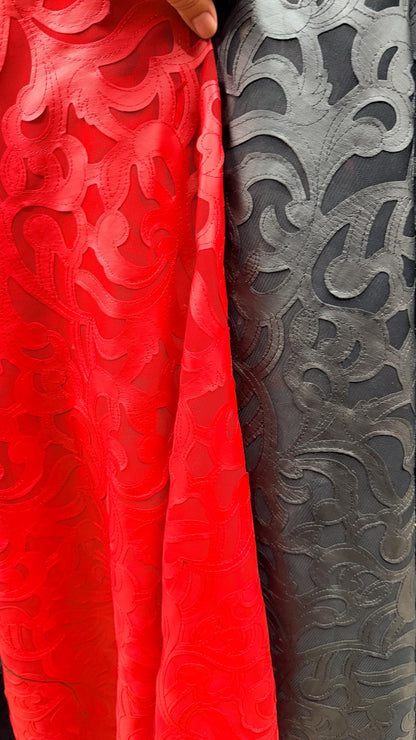 Swirl abstract design leather looking embroidered on stretch mesh 2-way stretch 55/57” Sold by the YD. Ships Worldwide from Los Angeles CA