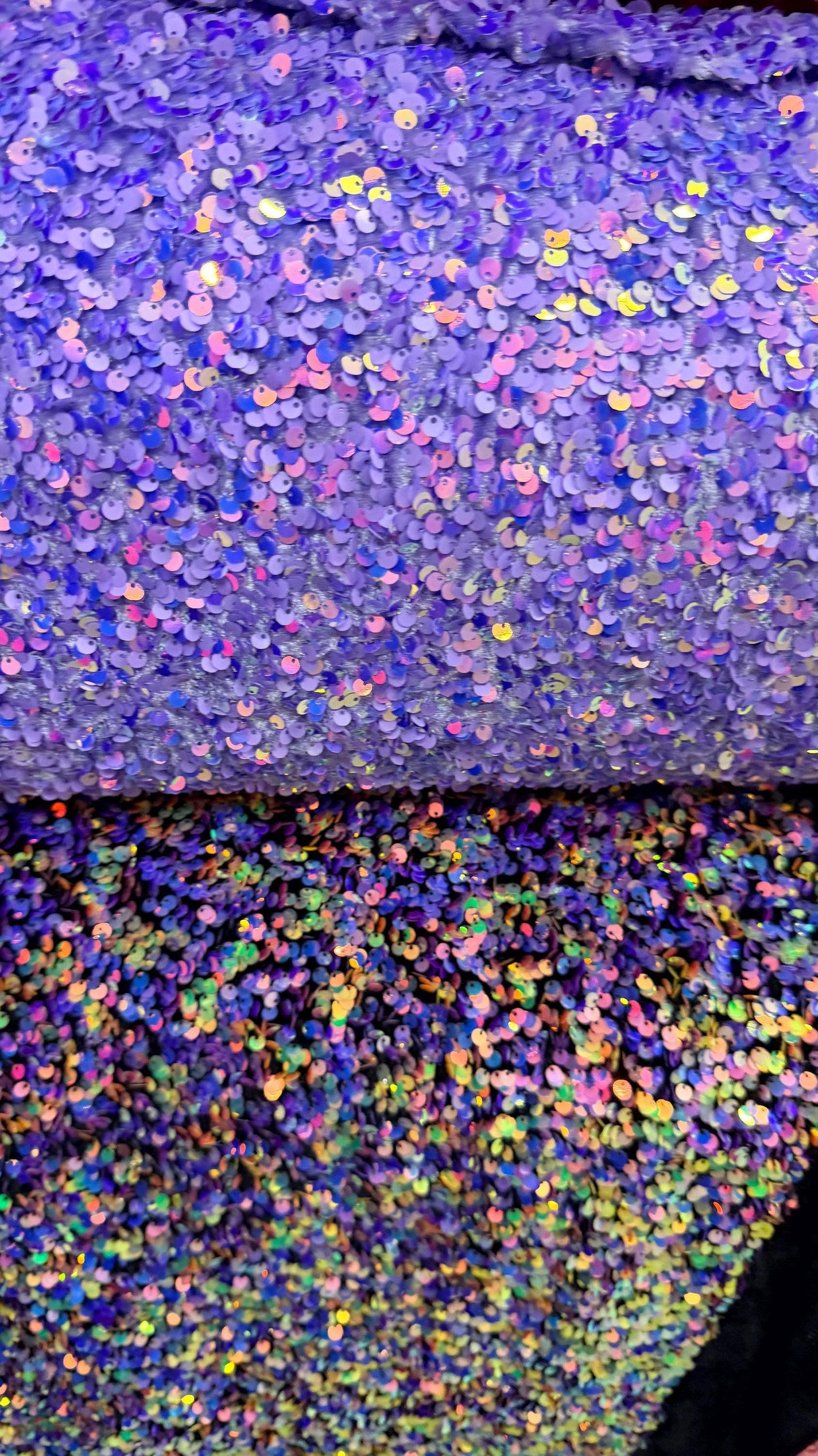 New stretch velvet with luxury sequins all over 5mm Iridescent sequins 2-way stretch 58/60” Sold by the YD. Ships worldwide from Los Angeles