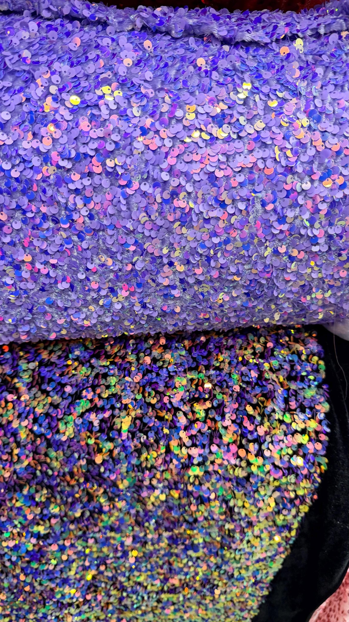 New stretch velvet with luxury sequins all over 5mm Iridescent sequins 2-way stretch 58/60” Sold by the YD. Ships worldwide from Los Angeles