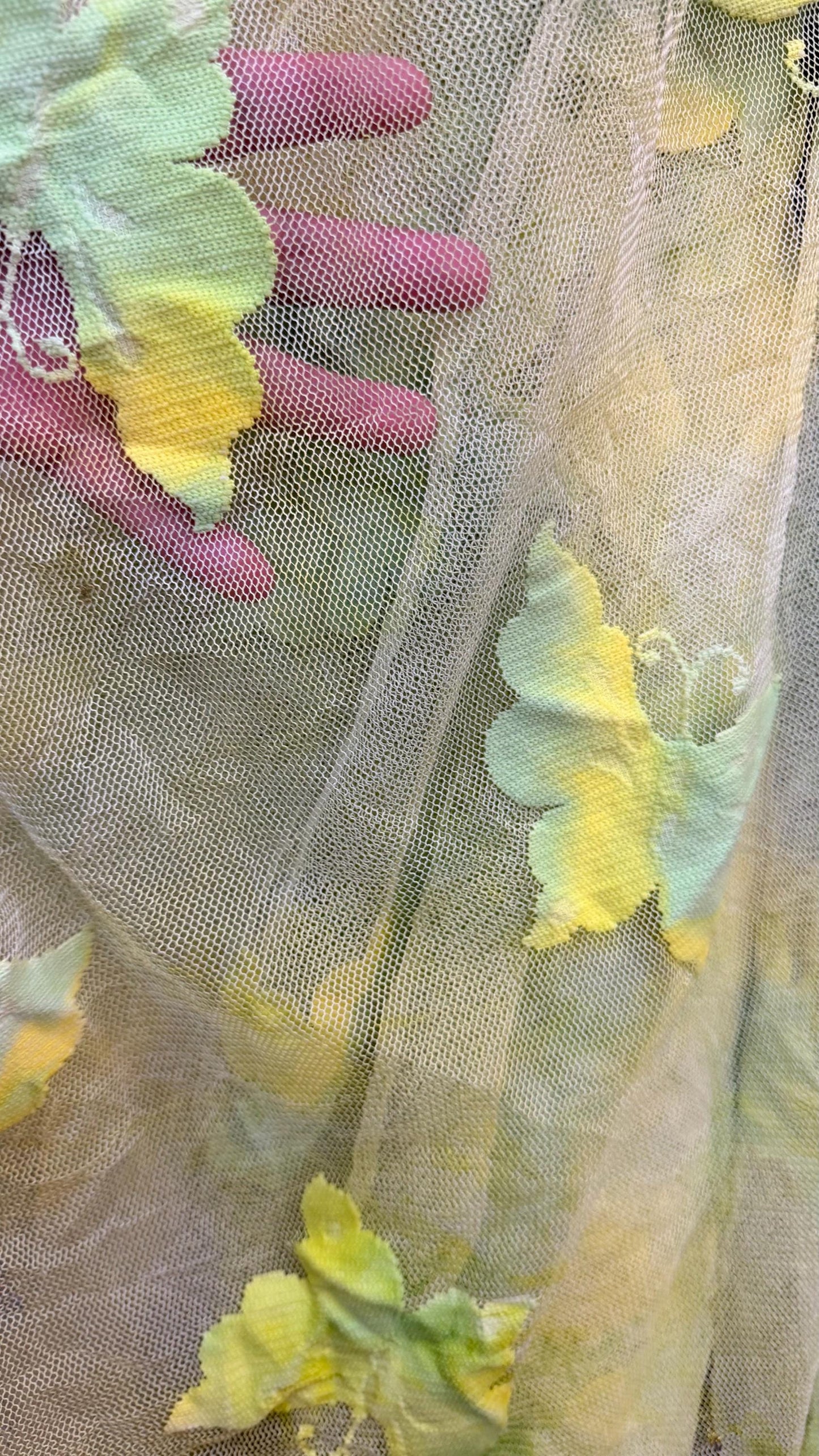 Butterfly design Green/Yellow on stretch mesh 2-way stretch 54/55" Sold by the yd. Ships worldwide from Los Angeles California USA