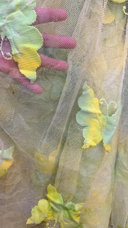 Butterfly design Green/Yellow on stretch mesh 2-way stretch 54/55" Sold by the yd. Ships worldwide from Los Angeles California USA