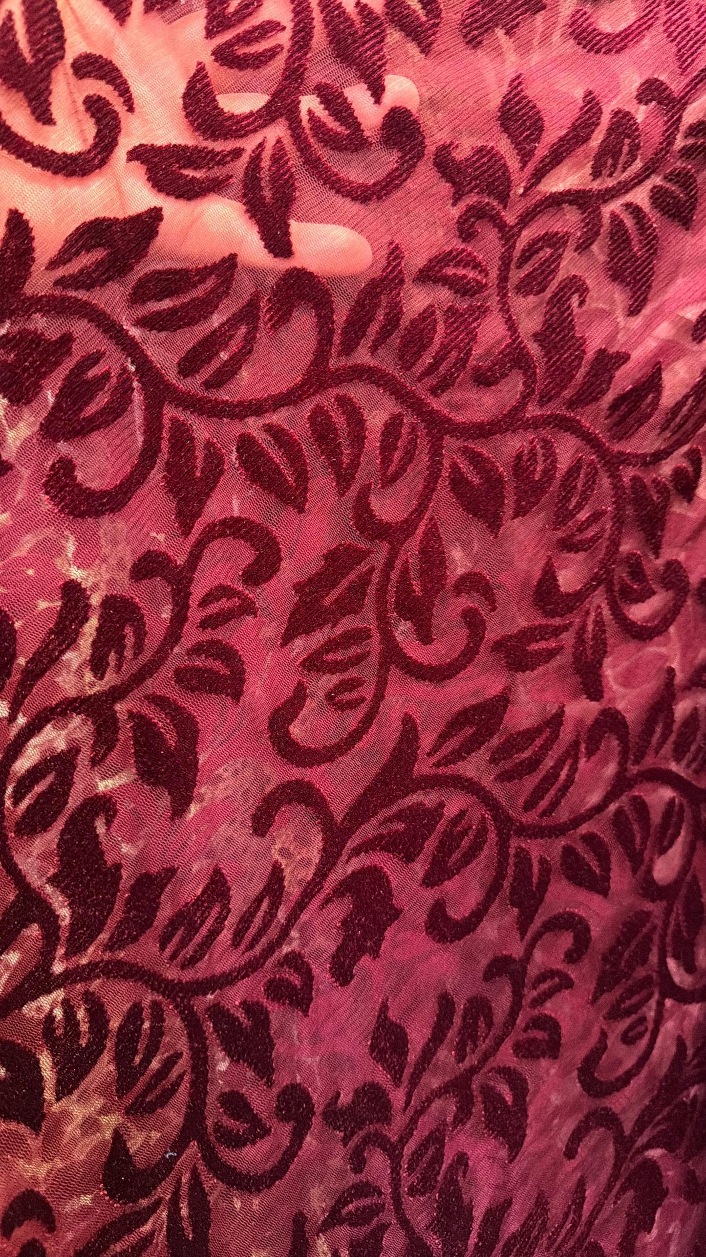 New Italian Burnout velvet Leaves design merlot color luxury 4-way stretch velvet 58/60” Sold by the YD. Ships worldwide from Los Angeles.