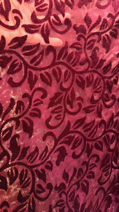 New Italian Burnout velvet Leaves design merlot color luxury 4-way stretch velvet 58/60” Sold by the YD. Ships worldwide from Los Angeles.