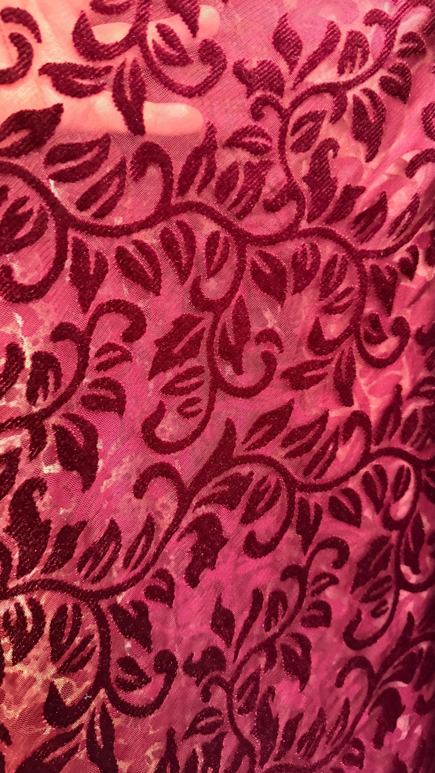 New Italian Burnout velvet Leaves design merlot color luxury 4-way stretch velvet 58/60” Sold by the YD. Ships worldwide from Los Angeles.