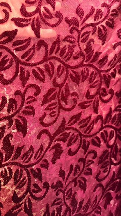 New Italian Burnout velvet Leaves design merlot color luxury 4-way stretch velvet 58/60” Sold by the YD. Ships worldwide from Los Angeles.