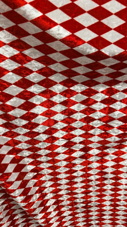 Diamond Harlequin design Red/White print on great quality of Crushed stretch velvet 4-way stretch 58/60” High quality fabrics by AlexLAFabri